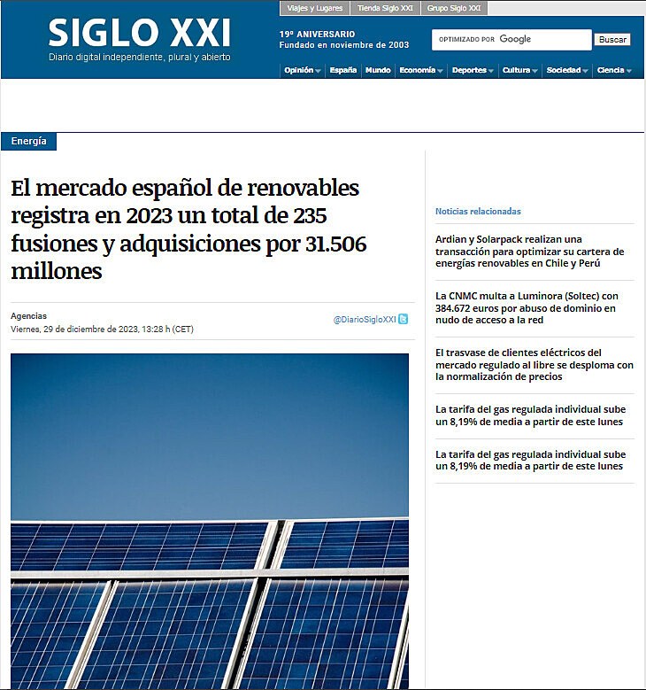 El mercado espaol de renovables registra en 2023 un total de 235 fusiones y adquisiciones por 31.506 millones